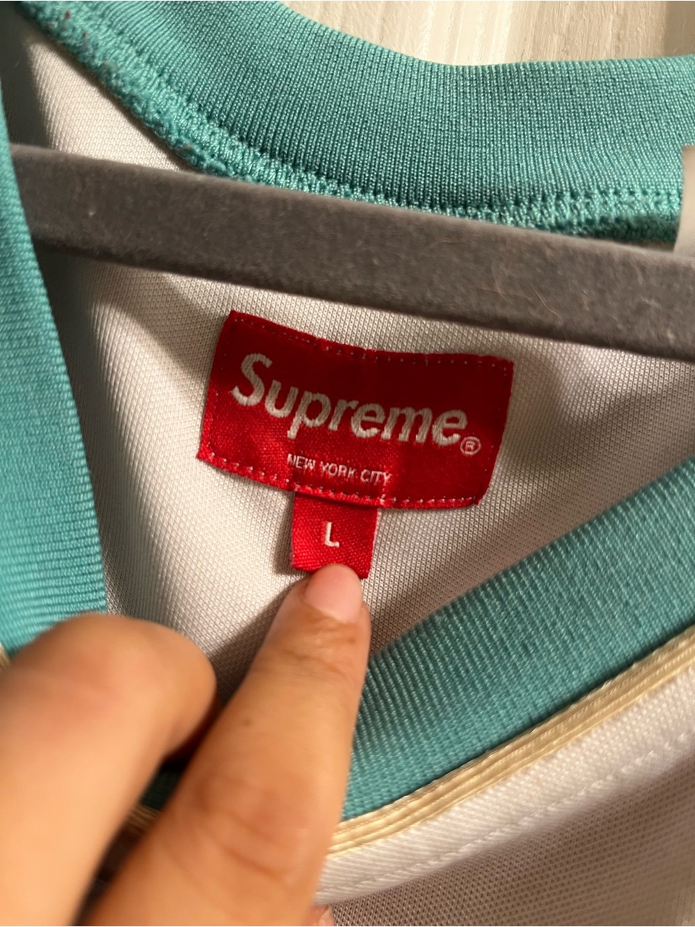 Supreme White Jersey with Teal Trim and Red Tag - Picture 2 of 4